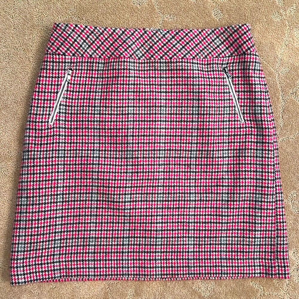Talbots Pink Black White Houndstooth Zip-Pocket Pencil Skirt